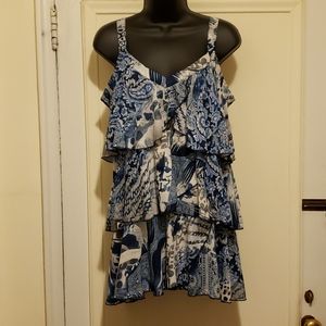 Avenue Blue/Gray Print Ruffled sleeveless top